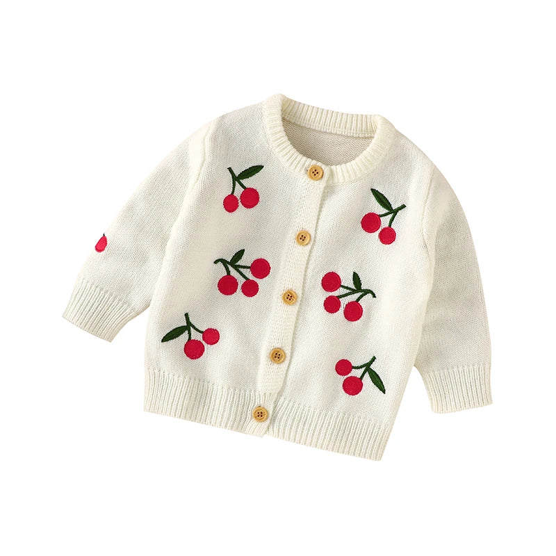 Sweet Cherry Print Knitted Acrylic O-neck Long Sleeve Newborn Baby Girls Coat Soft Infant Cardigan Sweat for 0-12 Months Newborn