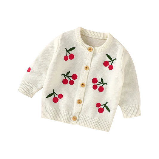 Sweet Cherry Print Knitted Acrylic O-neck Long Sleeve Newborn Baby Girls Coat Soft Infant Cardigan Sweat for 0-12 Months Newborn
