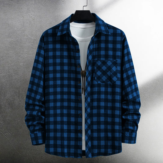 Men's long-sleeved lapel all-match plaid shirt spring and autumn fashion casual outdoor men's shirt