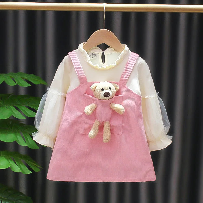 Kid Girl Dress Princess Dress Pocket Bear Gift Birthday Party Children Puff Long Sleeve Toddler Girl Clothes Teen Baby Suit A830