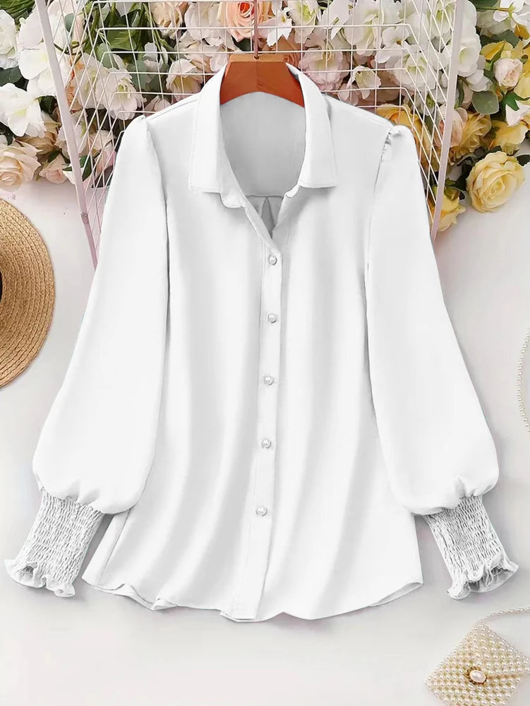 Plus Size 2025 Spring and Summer New Women's Casual Puff Sleeve Blouse Solid