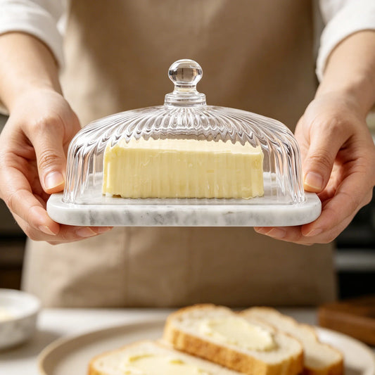 Marble Base Glass Dome Butter Dish with Lid Cheese Bread Cup Cake Fruit Serving Tray Restaurant Quality Food Storage Container