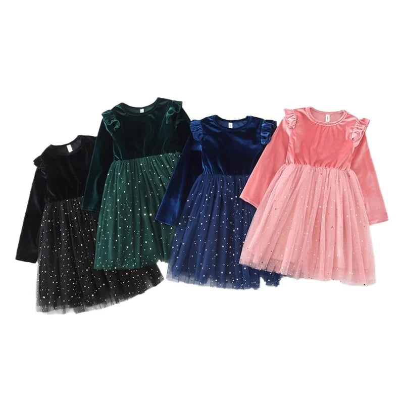 2025 Ruffle Style Long-sleeved Stars Mesh Spliced Dress Princess Christmas Party Performance Clothes Children's Winter Clothing