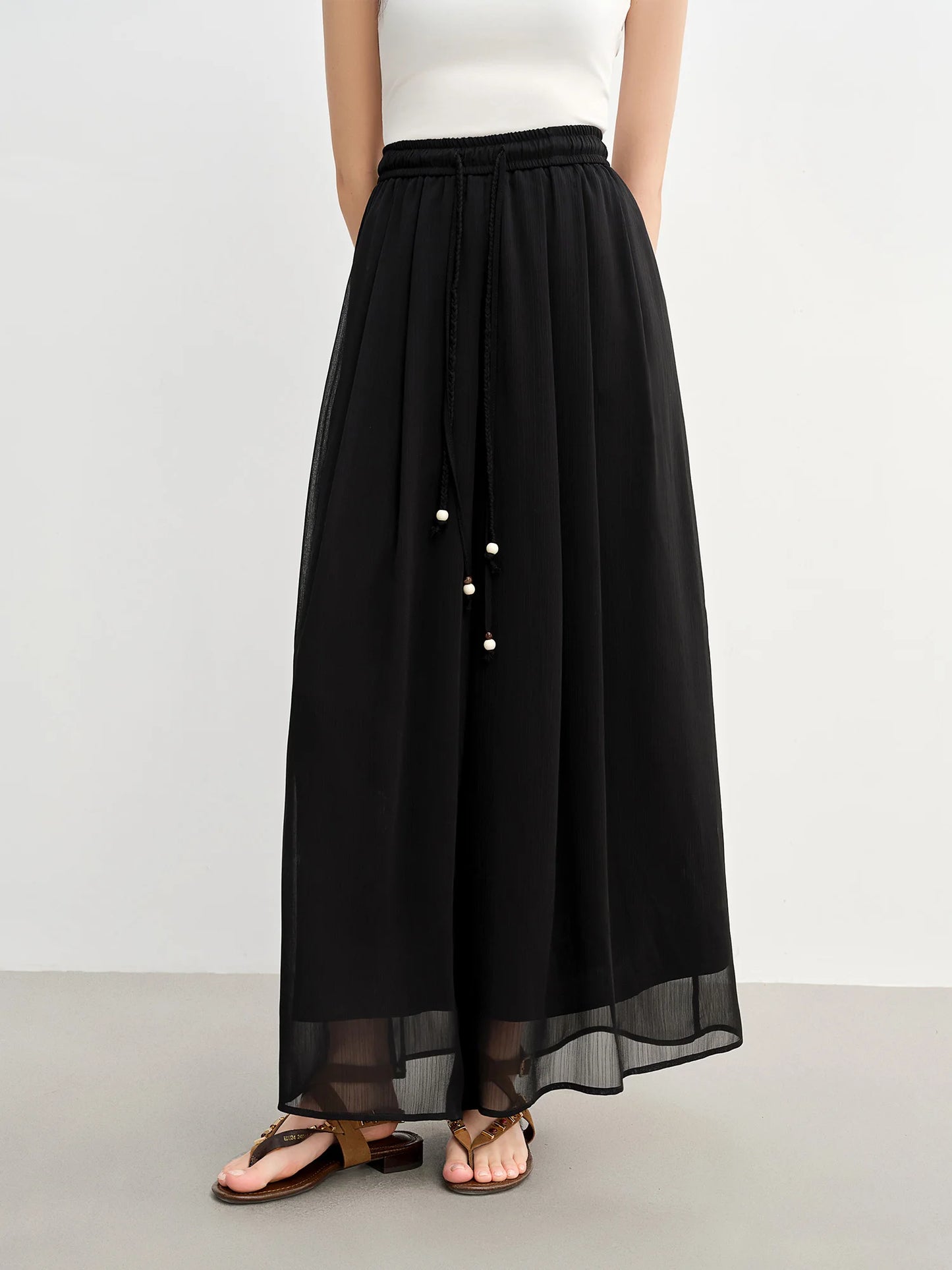 DUSHU Women's Black Pants Women's Summer Loose Wide-leg Pants 2025 New Style Skirt Pants Elastic Waist Slim Trousers 25DS82968