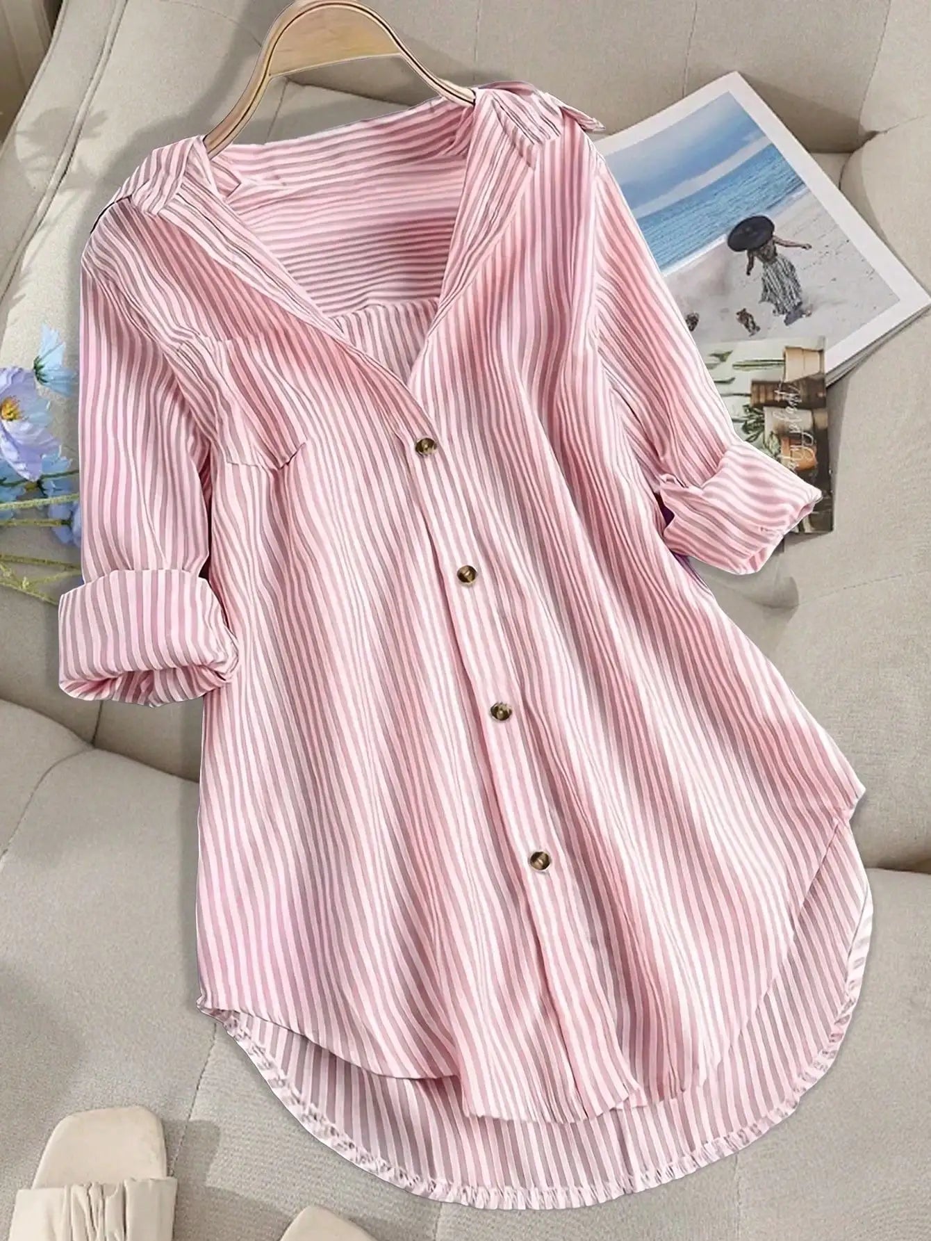 Plus Size Women's Fashion Striped Lapel Single Breasted Blouse Shirt Autumn Spring Ladies Casual Loose Long Sleeve Button Shirt