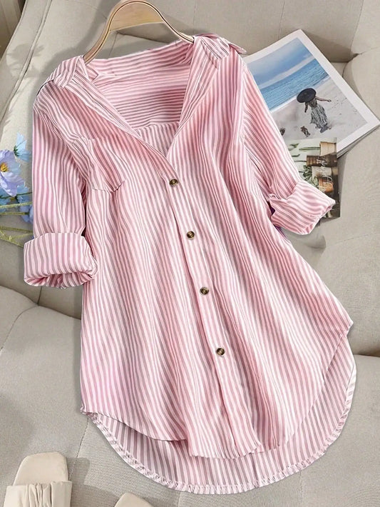 Plus Size Women's Fashion Striped Lapel Single Breasted Blouse Shirt Autumn Spring Ladies Casual Loose Long Sleeve Button Shirt