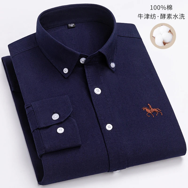 S~6XL Cotton Oxford Shirt For Mens Long Sleeve Plaid Striped Casual Shirts Male Pocket Regular-Fit Button-Down Work Man Shirt