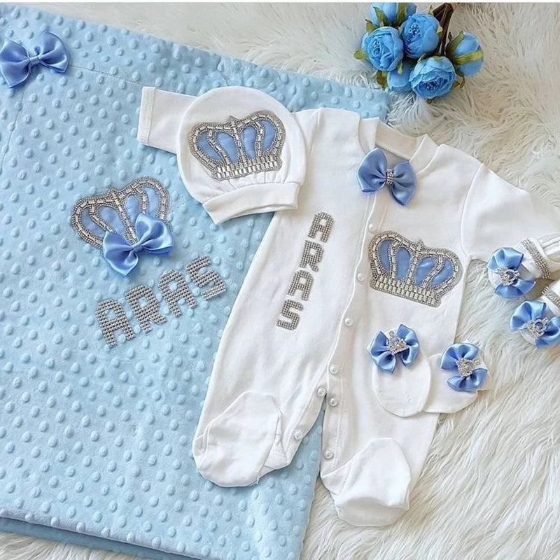 Baby Girl Boy Princess Prince Hospital Exit Newborn Bling Outfits Baby Bottles Gift Set Baby Shower Gift 5pcs Crown Romper