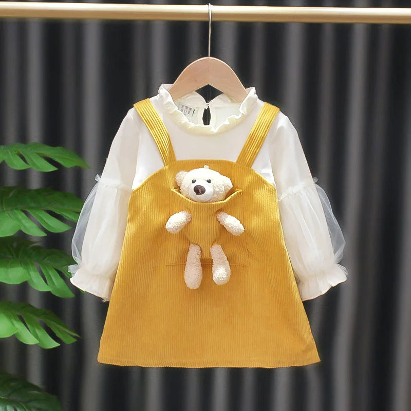 Kid Girl Dress Princess Dress Pocket Bear Gift Birthday Party Children Puff Long Sleeve Toddler Girl Clothes Teen Baby Suit A830