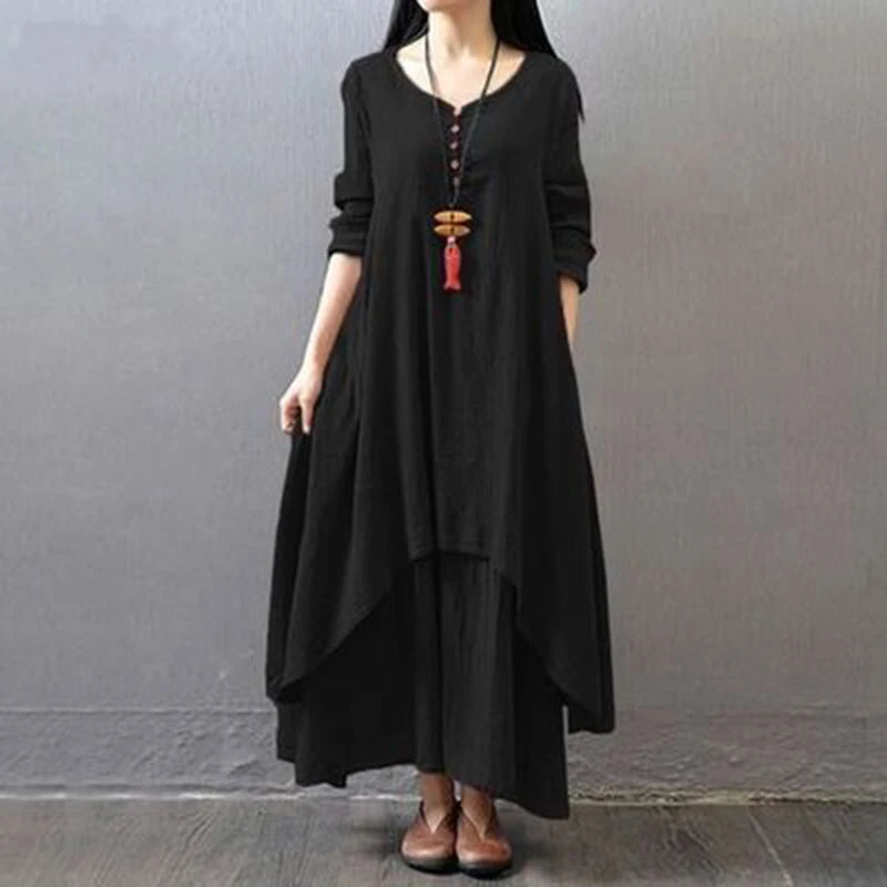 Irregular button women's cotton and linen pocket dress Korean round neck short sleeved loose solid color irregular double-layer