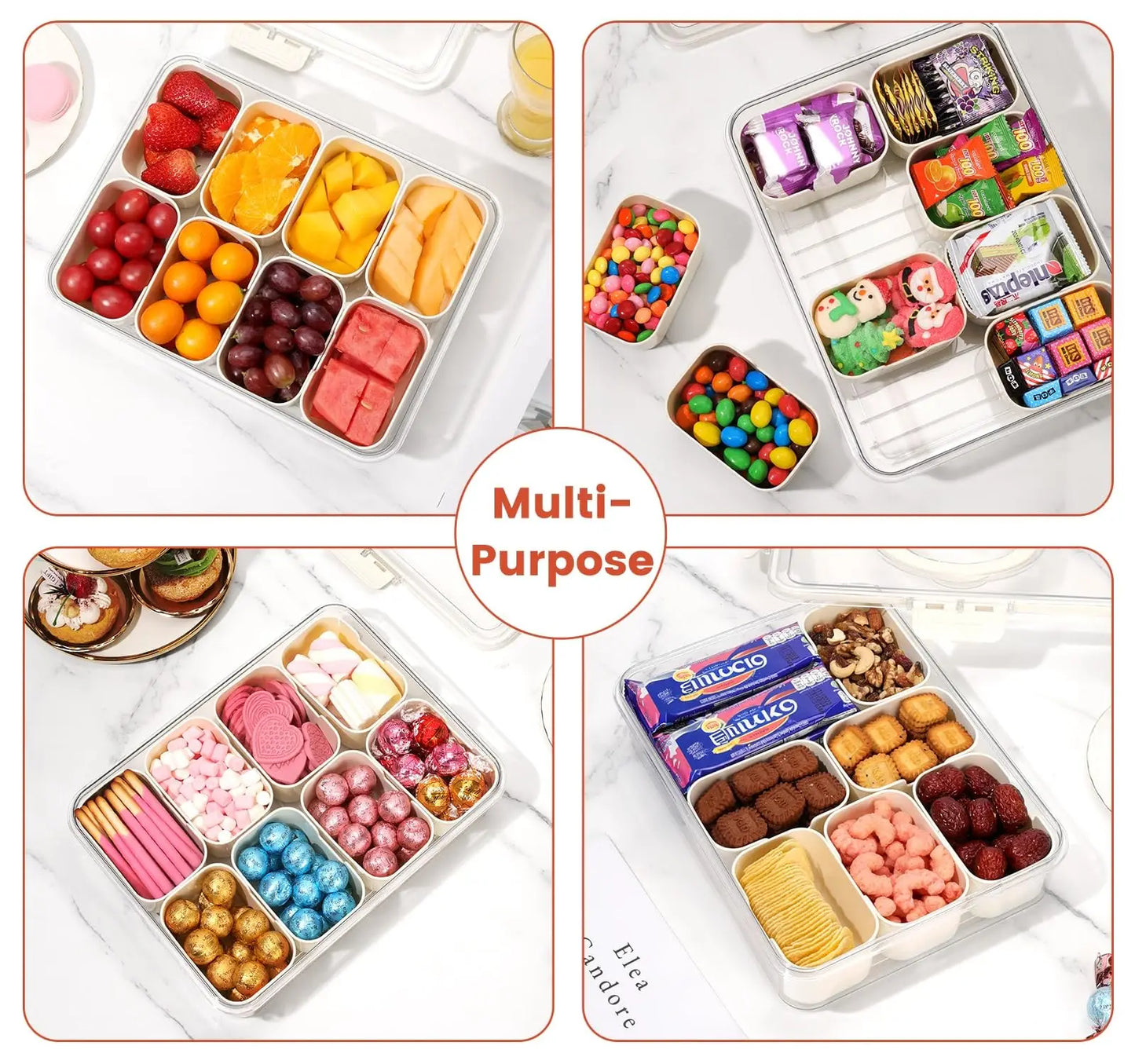 4/8 Grids Snackle Box Container Divided Serving Tray with Lid and Handle Portable Snack Platters for Fruits Snacks Perfect