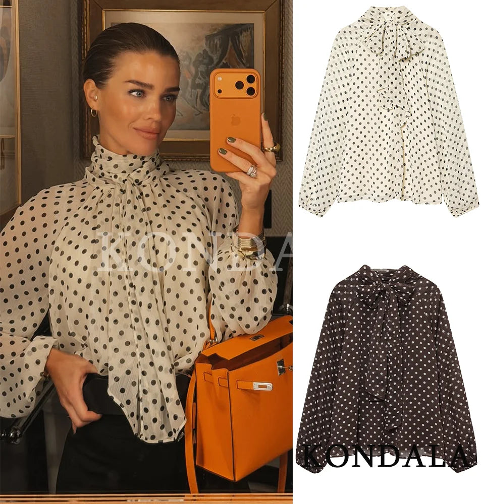KONDALA Women Trendy Polka Dot Blouse Bow Tie O-Neck Shirt New Fashion 2026 Spring Summer Holiday Party Elegant Mujer Blouse