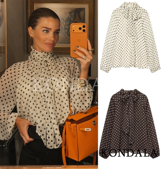 KONDALA Women Trendy Polka Dot Blouse Bow Tie O-Neck Shirt New Fashion 2026 Spring Summer Holiday Party Elegant Mujer Blouse