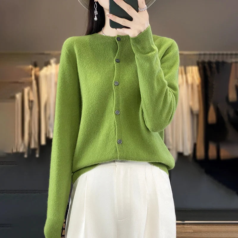 100% Merino Wool Sweater Women O-Neck Cardigan Basic Style  Buttoned Knitwear Female Casual Autumn Winter Soft Tops