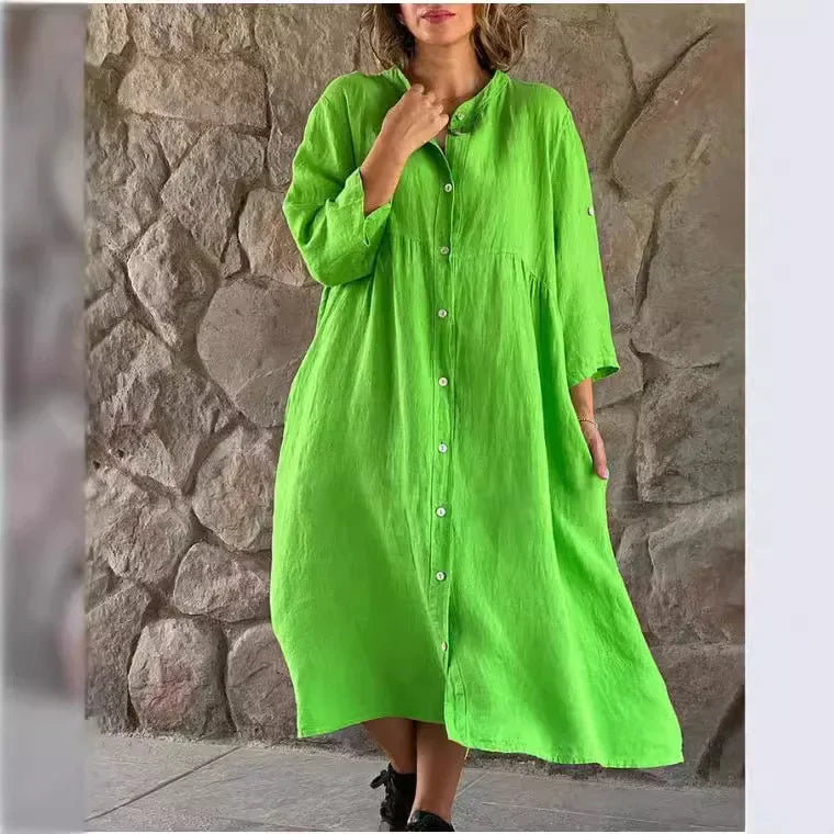 Casual Cotton Linen Long One-piece Pure Color Button-down Women's Dress Cross-border New Style Ankle-length Regular Sleeve