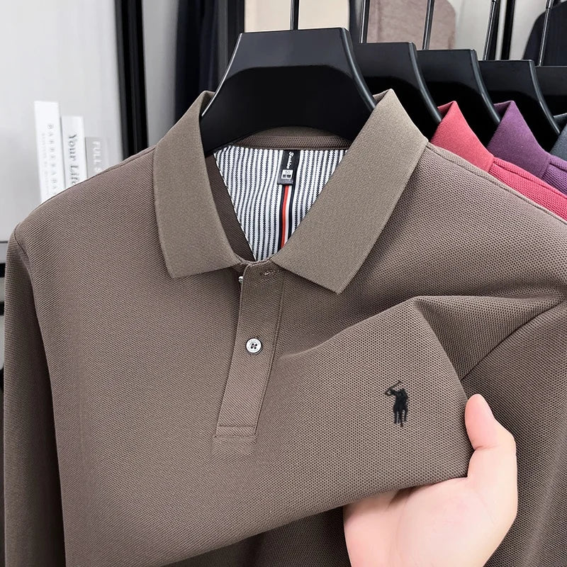 100% pure cotton autumn and winter men's fashion sports brand embroidered pony long sleeved POLO shirt business casual T-shirt