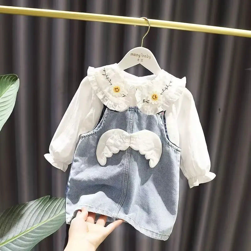 2025 Kids Girls Clothes Set Summer Short Sleeve Shirt + Denim short dress Triple Breasted Outfits Baby Clothing 4 5 6 7 8 9 10 1