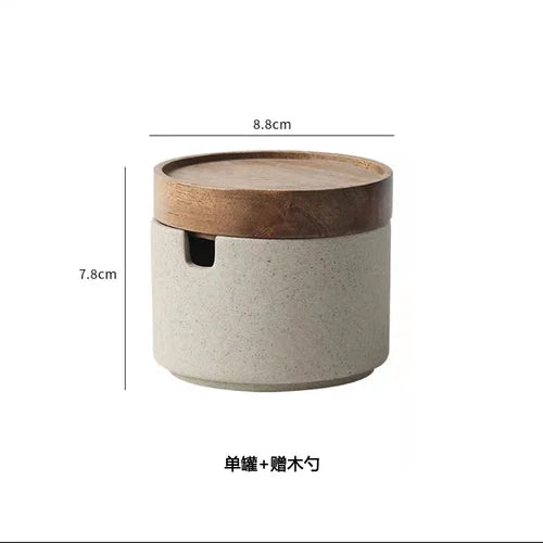 Vintage Ceramic Seasoning Jar Japanese Style Home Kitchen Salt Chili Sugar Jar Oil Pot Wooden Lid Spice Kitchen Utensils Modern