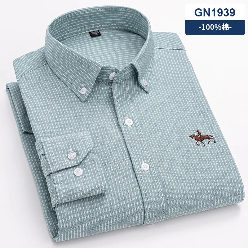 S~6XL Cotton Oxford Shirt For Mens Long Sleeve Plaid Striped Casual Shirts Male Pocket Regular-Fit Button-Down Work Man Shirt