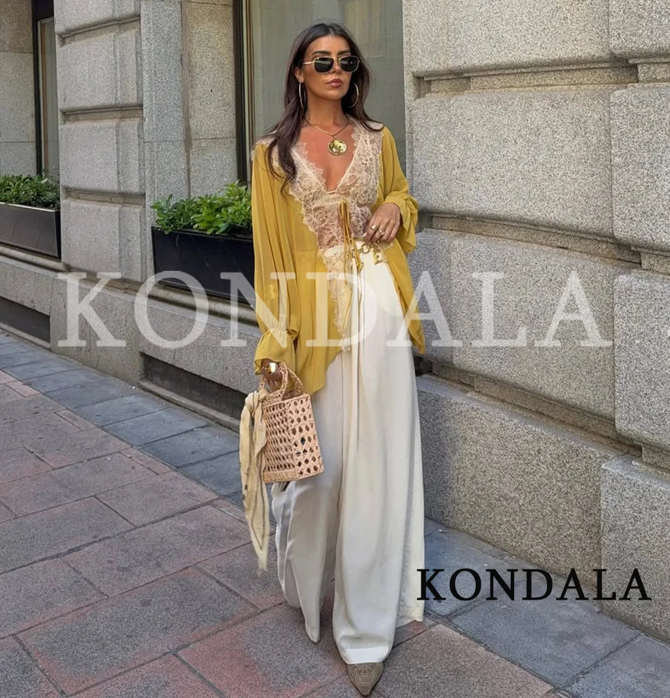 KONDALA Women Trendy Patchwork Lace See-Through Shirts V-Neck Lace-up Blouse New Fashion 2026 Spring Summer Elegant Lady Shirts