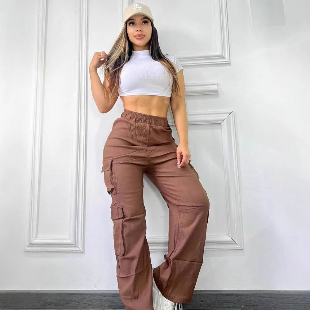Women's Wide Leg Casual Work Pants Multi ket High Waist PVC Fabric Mid-aged Faion Trend High-waist No Stretch