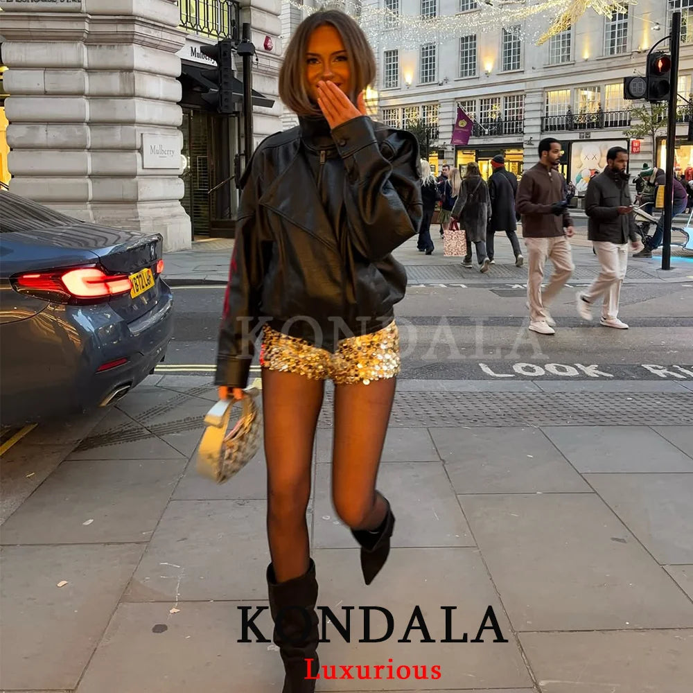 KONDALA Casual Chic Black Leather Jackets Women Long Sleeve Buttons Elastic Oversized Coats Fashion 2026 Fall Streetwear Coats