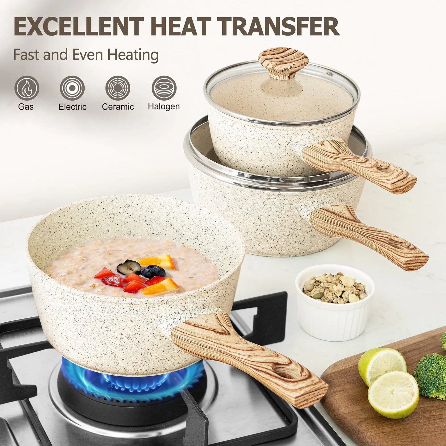 MICHELANGELO 3Pcs/set StickPot Home Non Stick Granite Coated Pan with Anti-Scald Handle Induction Cooker Soup Pot Kitchenware