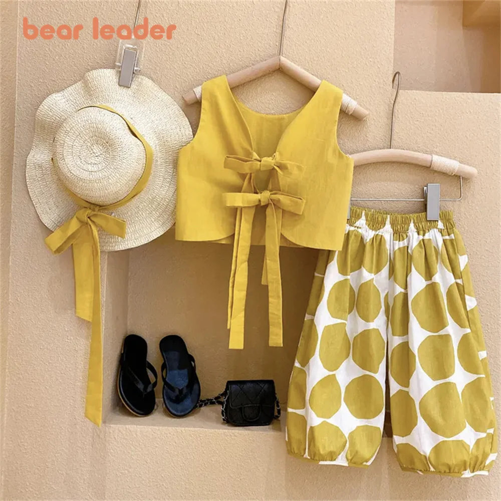 Bear Leader 2025 Korean Fashion Pastoral Backless Suit Thin Pullover Girl's Vest Top Polka Dot Knickerbockers Three Piece Cotton