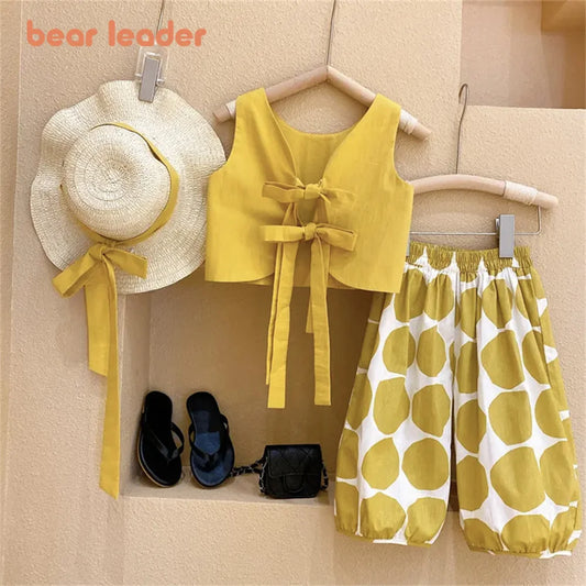 Bear Leader 2025 Korean Fashion Pastoral Backless Suit Thin Pullover Girl's Vest Top Polka Dot Knickerbockers Three Piece Cotton