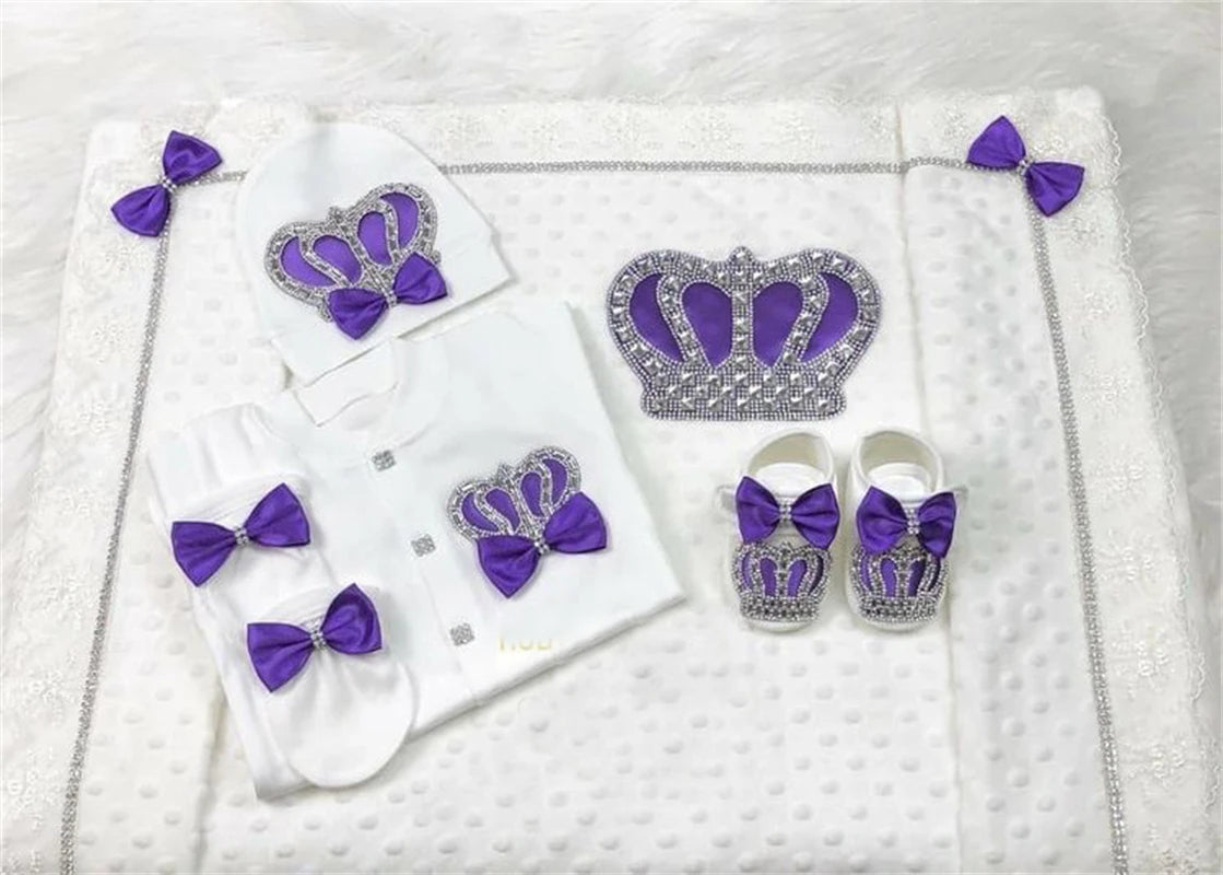 Baby Girl Boy Princess Prince Hospital Exit Newborn Bling Outfits Baby Bottles Gift Set Baby Shower Gift 5pcs Crown Romper