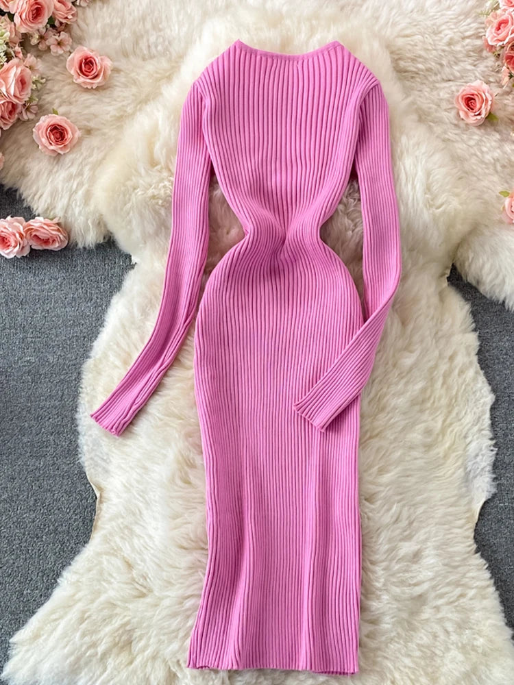 YuooMuoo Autumn Winter 2025 Women Dress Elegant Cross V-neck Slim Waist Knitted Bodycon Dress Korean Office Lady Vestidos