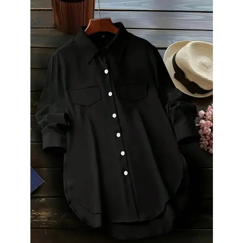 Plus Size 1XL-5XL New Women's Fashion Spring Autumn  Solid Color Blouse Shirt Single Breasted Lapel Split Long Sleeved Shirt