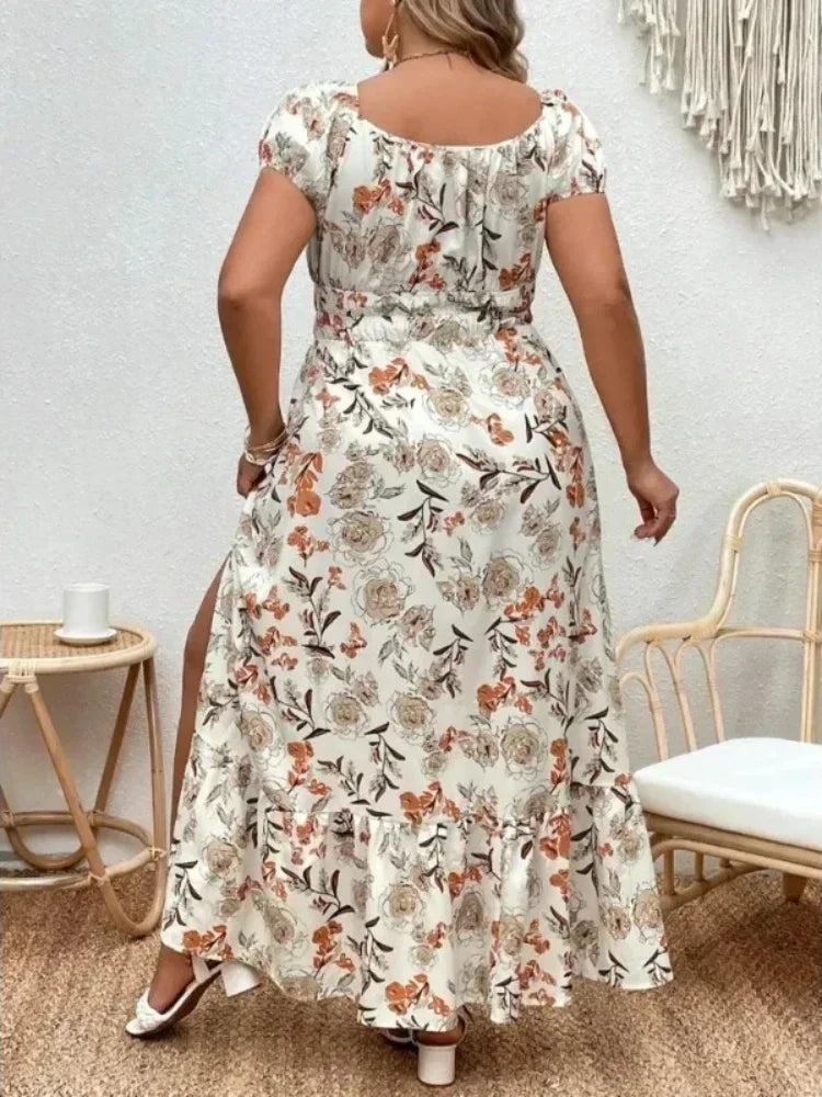 Plus Size 1-5XL Fashion Women's Suitable for Outdoor Flower Casual Long Party Dress Women Fashion Print Loose Summer Dress