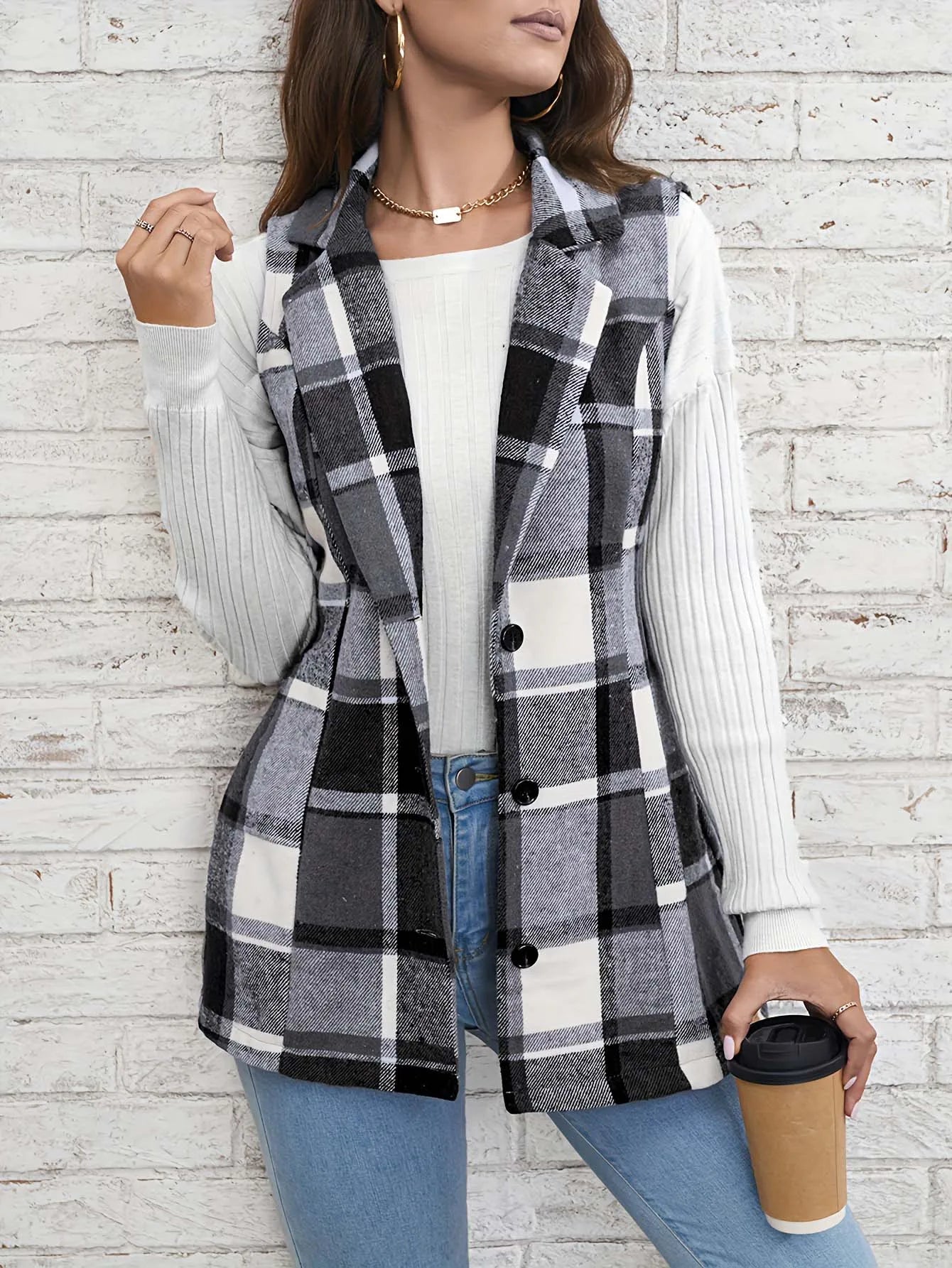 European  American Cross-Border Women's Fashionable And Elegant Plaid Pattern Front Buckle Flip Collar Vest