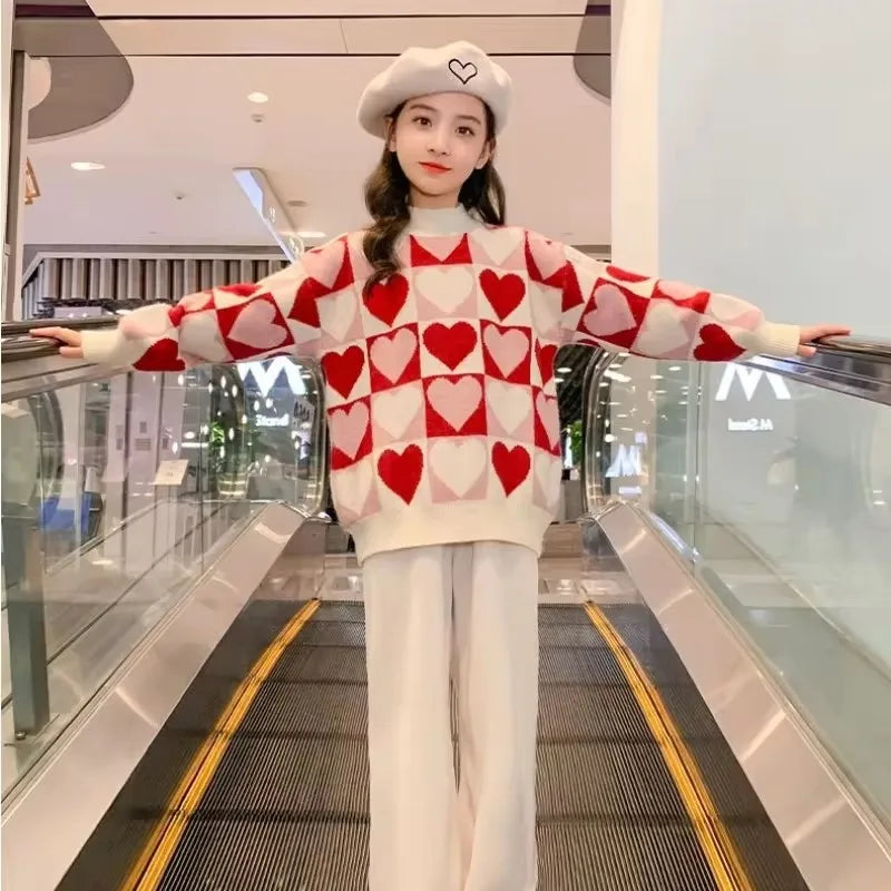 Girls Sweater Fashion Children's Clothing Plush Knitted Winter Wear New Girls Red Christmas Thickened Sweater Kids 8 10 14 Years