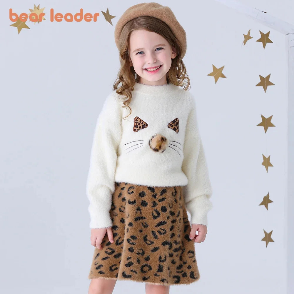Bear Leader 2024 Spring and Autumn New Girl Sweater Set Princess Dress Cartoon Sweater+A-line Skirt 2-piece Set