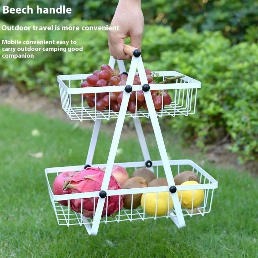 Wrought Iron Kitchen Storage Rack Double-Layer Fruit Vegetable Basket Portable Handheld Desktop Storage Holder