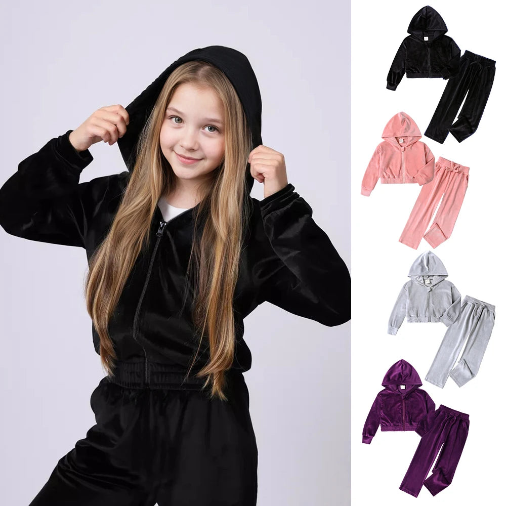 1-14Y Children Girls Velvet Tracksuits Kids Winter Autumn Thicken Fleece Comfortable Hooded Vest +Sweatpants Outfits