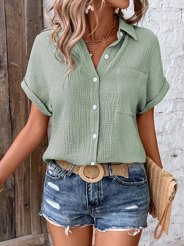 Women Casual Cotton Blouse Vintage Summer Short Sleeve Slim Shirt Elegant Turn Down Collar Solid Tunics Harajuku Streetwear Tops