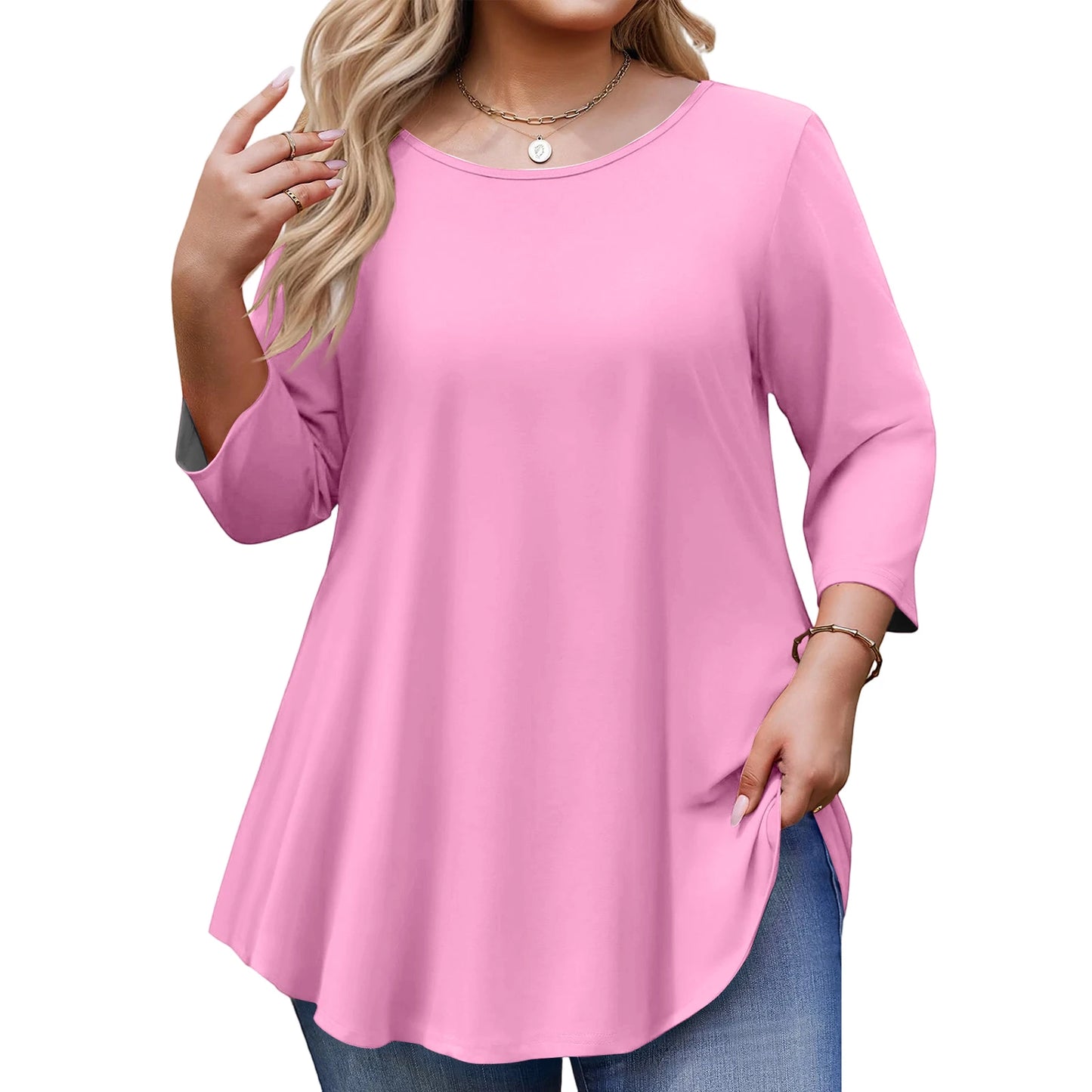 Spring Fall Women's Plus Size Long-sleeved Top, Solid Color Round Neck Curved Hem Loose T-shirt Spring Autumn Casual Top Mujer