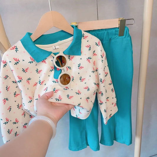 2026 Spring Autumn Green Girls' Clothing Set Cute Floral Lapel Sweatshirt with Flared Pants Two-piece Set Kids Outfits