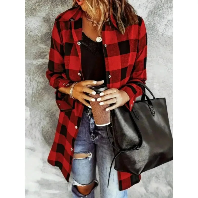 Plus Size Women Plaid Coats Fashion Flannel Color Blocking Single Breasted Casual Jackets Female Lapel Loose Tops