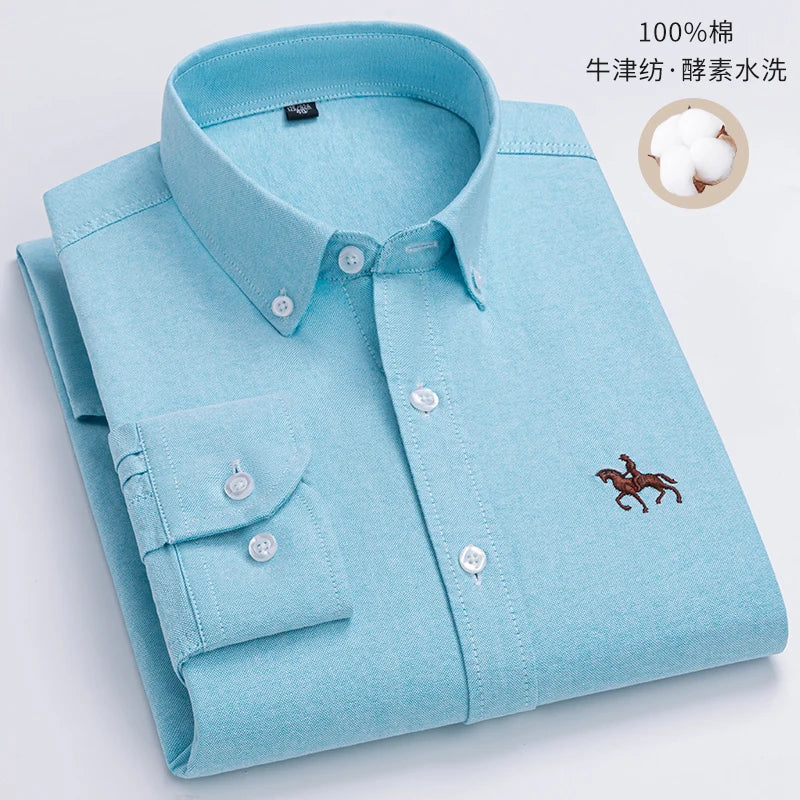 S~6XL Cotton Oxford Shirt For Mens Long Sleeve Plaid Striped Casual Shirts Male Pocket Regular-Fit Button-Down Work Man Shirt