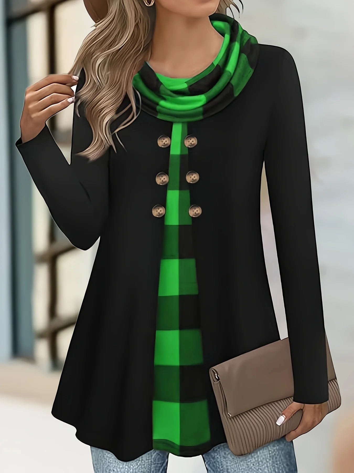 European and American fashion plaid print fake two-piece pleated scarf wild button plus size women's thin long-sleeved T-shirt