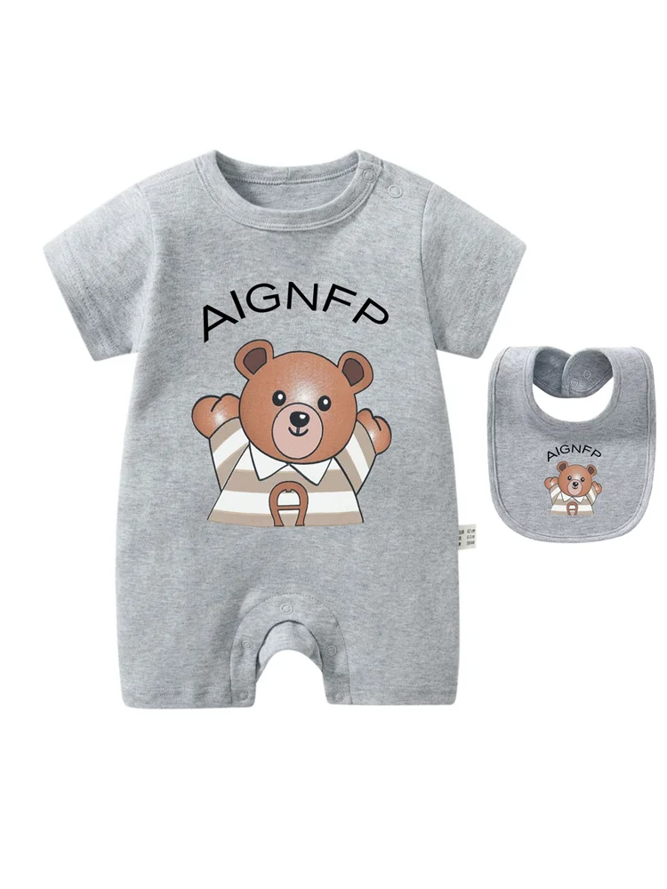 Cute Bear Romper Newborns Clothes 2025 Summer Hot Sale New Toddler Boys Jumpsuit %100 Cotton Soft Bib scarf 2Pcs Set Baby Romper
