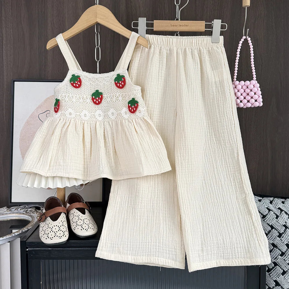 2026 Summer Sweet Style Kids Set Strawberry Pattern Camisole Top+Wide Leg Pants 2Pcs Clothes Beige Korean Girls Suit