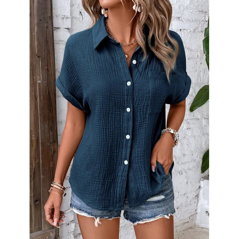 Women Casual Cotton Blouse Vintage Summer Short Sleeve Slim Shirt Elegant Turn Down Collar Solid Tunics Harajuku Streetwear Tops