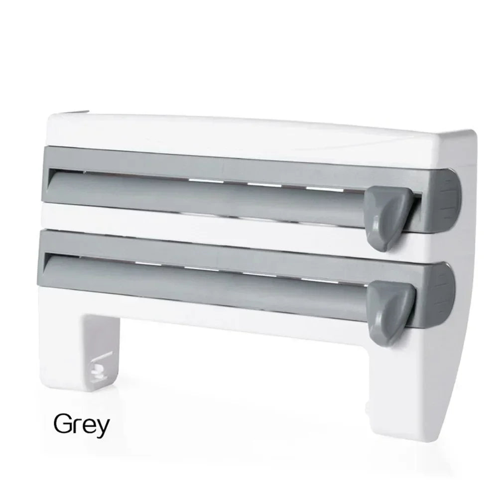 Cling Wrap Dispenser with Storage Rack Plastic Cutter Wall Hanging Paper Towel Holder Kitchen Organizer