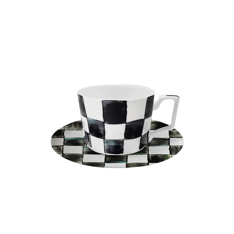 Black White Checkerboard Ceramic Dinner Plate Bone China Coffee Cup and Saucer Western Food Dishes Home Elegant Tableware Mug
