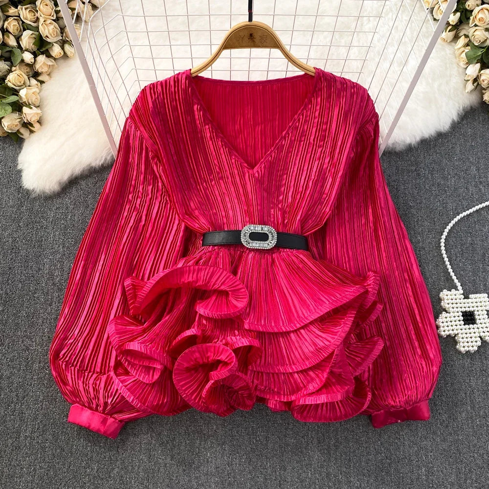 2026 Blusas Mujer De Moda Temperament Blouses Women Lantern Sleeve V-neck Slim Waist Shirts Folds Ruffles Vintage Blouse Tops